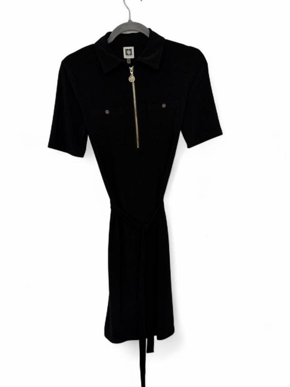 Anne Klein Black Short-Sleeve Zip Front Dress with Gold Hardware (4)